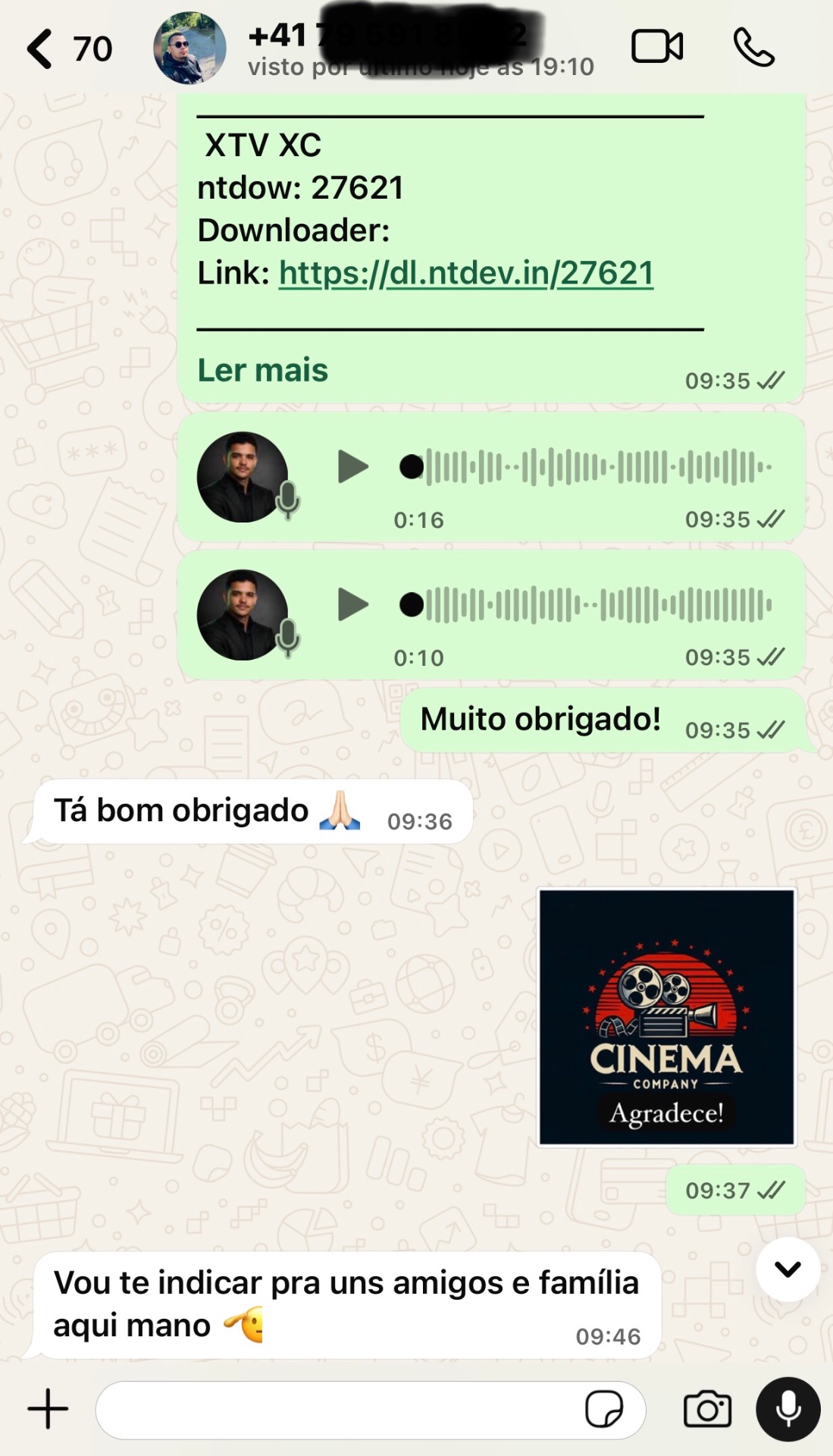 Depoimento no WhatsApp de cliente Cinema Company